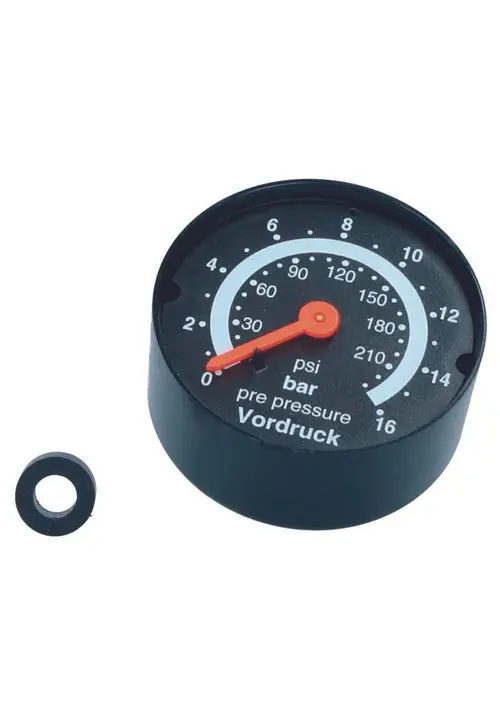 Manometer mit skaliertem Druckbereich von 0 bis 16 bar, versehen mit Rückseitenanschluss. Judo Ersatzteil zur Druckmessung.